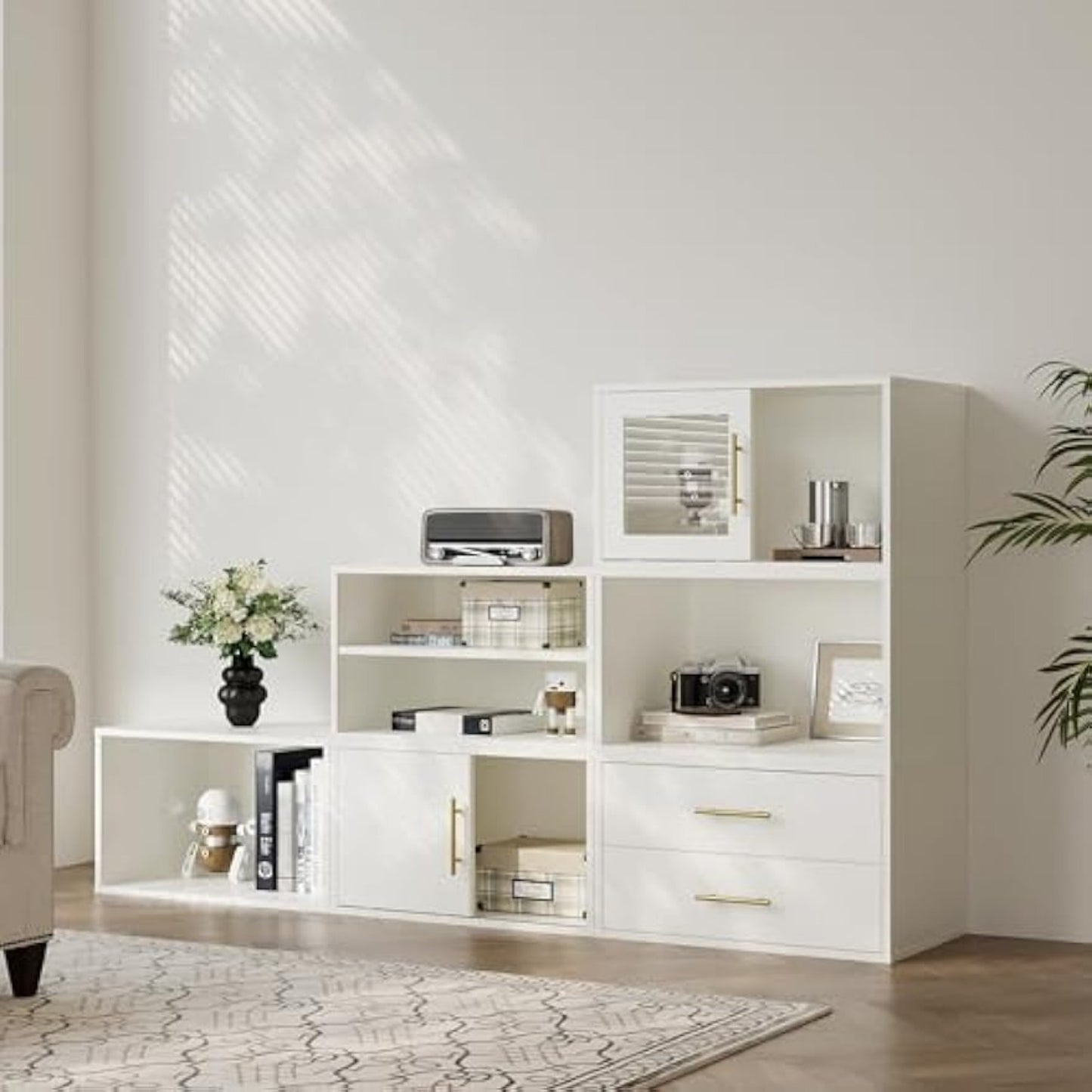 Superjoe 6 Pieces Cube Storage Organizer, Stackable 24" Small Open Bookcase with Drawers, Adjustable Shelf and Sliding Door, White Wood Cubby Storage Shelves for Small Space, Living Room, Bedroom