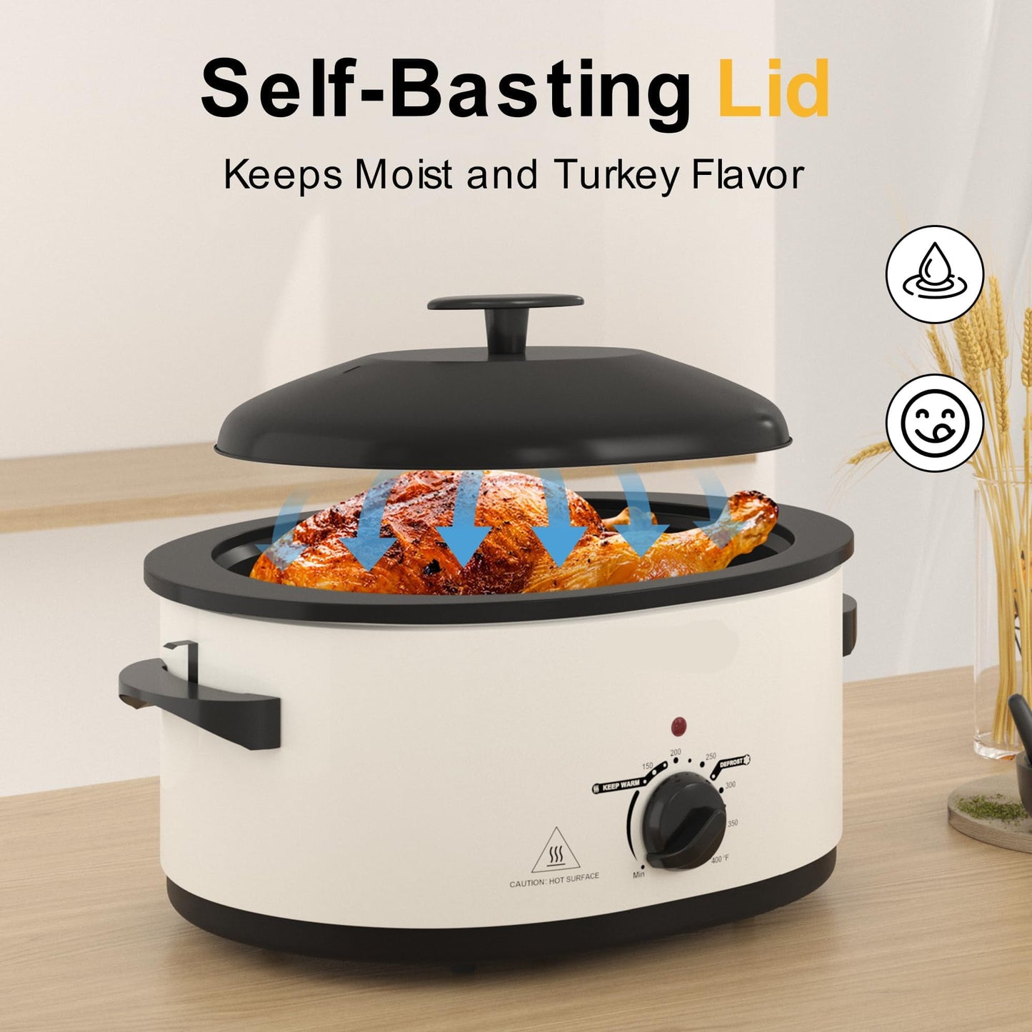 Superjoe 8 QT Electric Roaster Oven with Self-Basting Lid, Turkey Roaster Oven with Defrost Warm Function, Removable Pan and Rack, Stainless Steel White