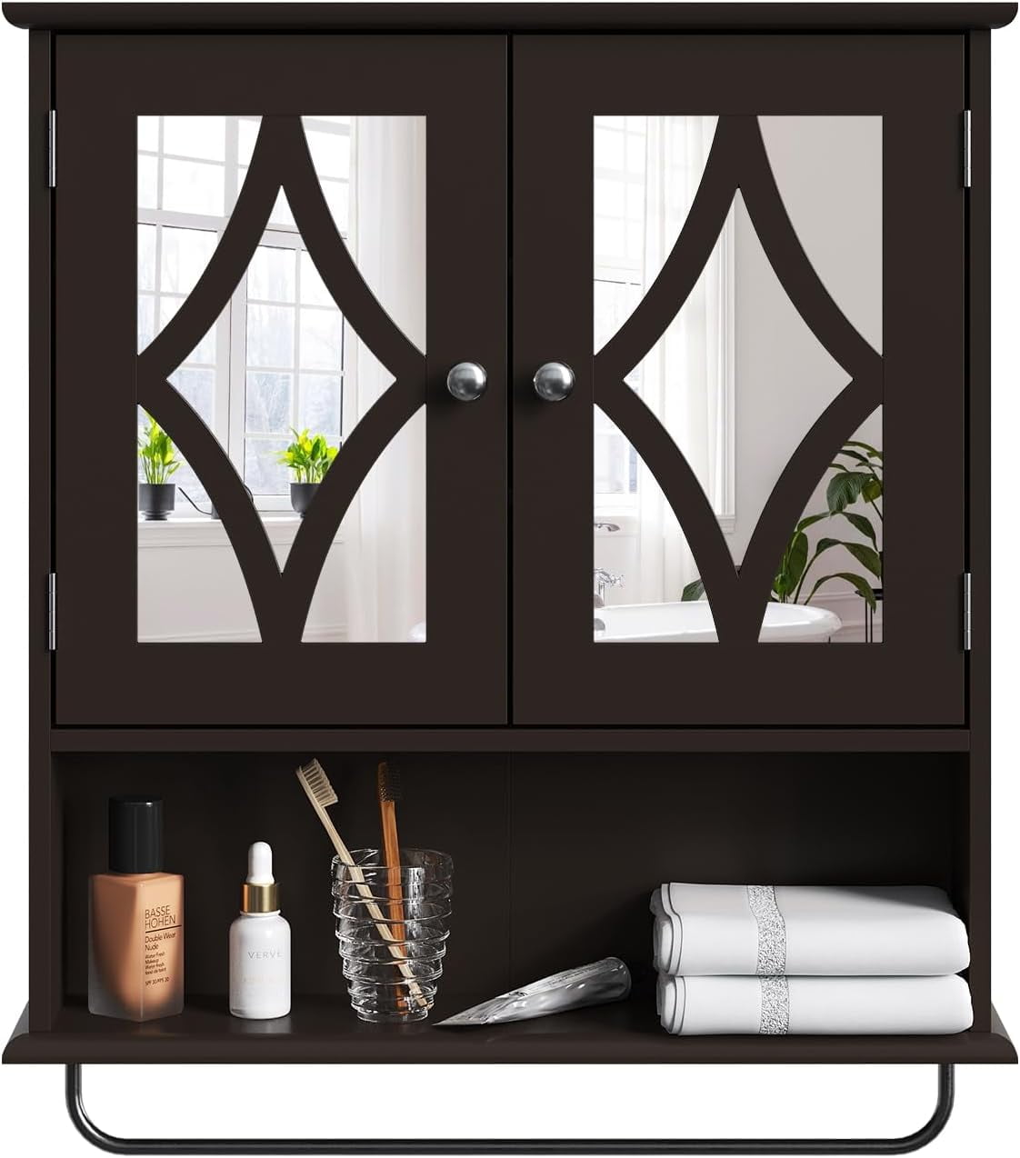 Superjoe Bathroom Medicine Cabinet with Mirror, Vanity Wall Mounted Storage Cabinet with Adjustable Shelves and Towel Bar, Hanging Wall Cabinet for Bathroom, Laundry, Living Room, Brown