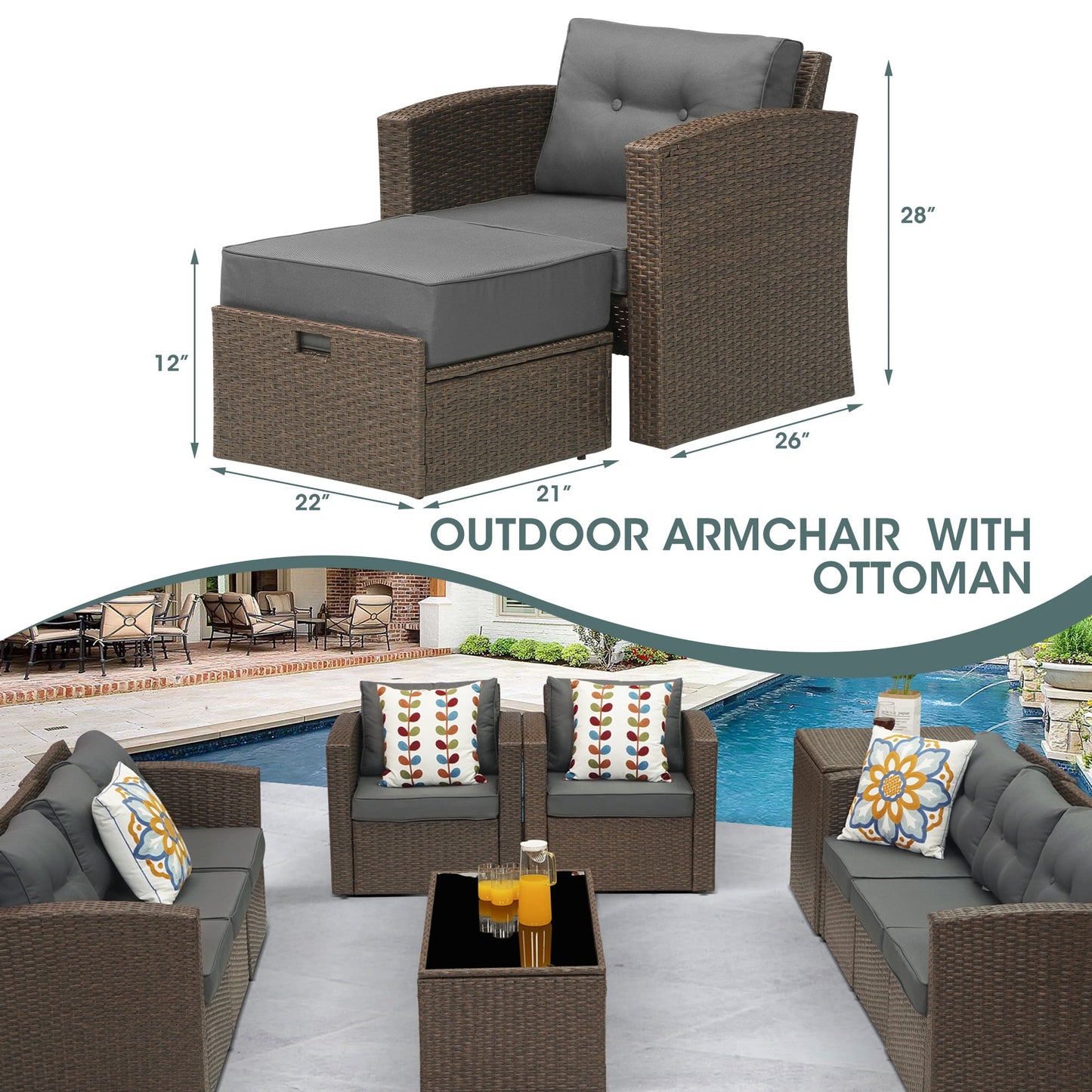 sunvivicollection 4 Pieces Wicker Furniture Single Chair with Ottoman,All-Weather Brown Rattan Outdoor ArmChair Sofa Set with Dark Grey Non-slip Cushions,Aluminum Frame
