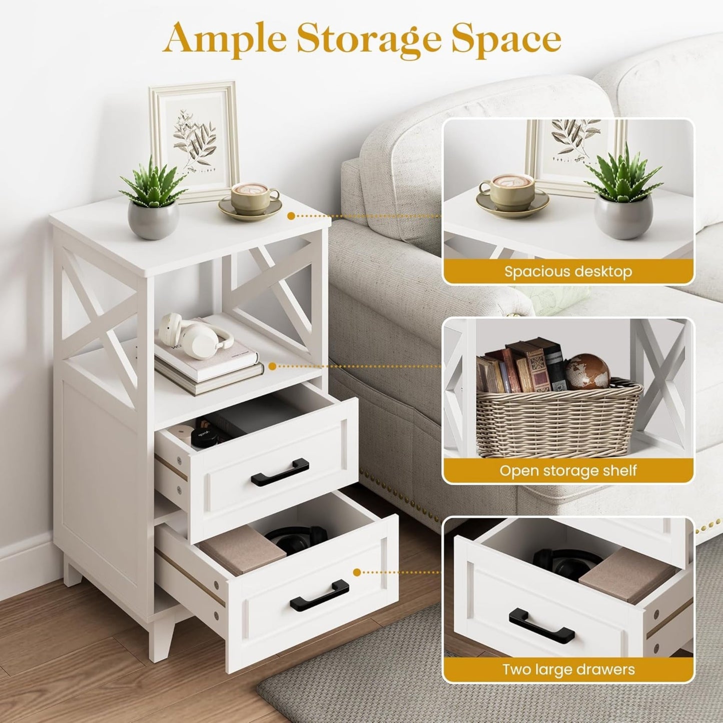 Superjoe Tall Nightstand Set of 1, Side Table with 2 Drawers and Open Shelf Top, Bedside Table with Solid Feet, Modern Night Stand End Table for Bedroom, Living Room, Home Office, White