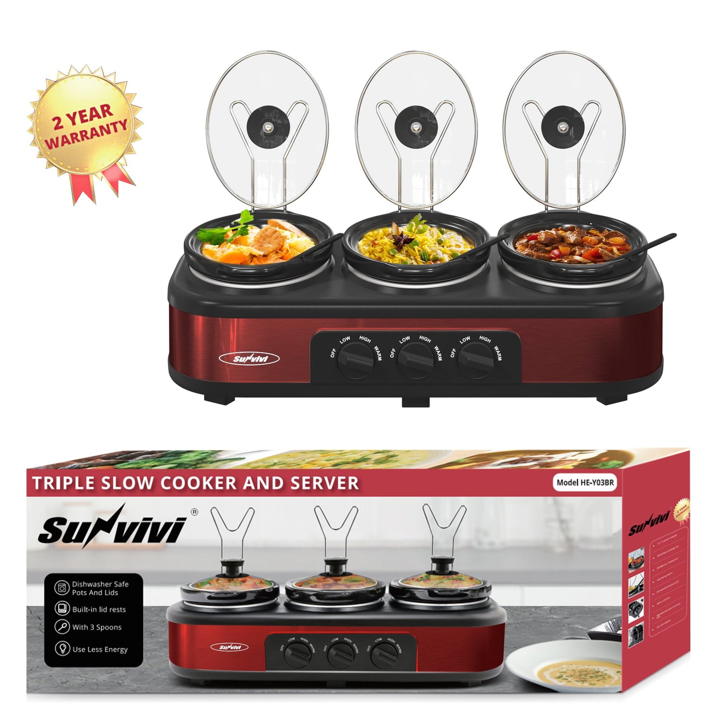 SUNVIVI Dual Pot Slow Cooker, 2 Pot Small Mini Crock Buffet Server and Warmer with Ceramic Pot, Adjustable Temp