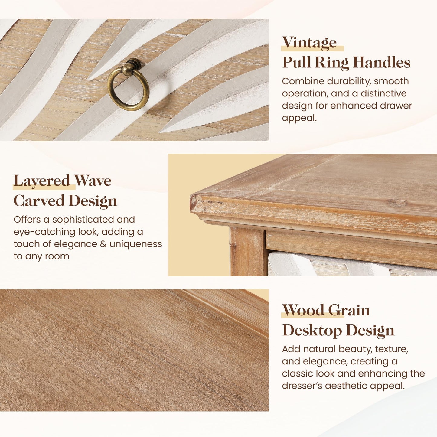 Superjoe 3 Drawer Dresser, 3 Chest of Drawers, Accent Storage Cabinet with Drawers, Wooden Closet Organizer, Bedside Table with Gourd Legs, Nightstand for Bedroom Hallway Living Room, Natural Color