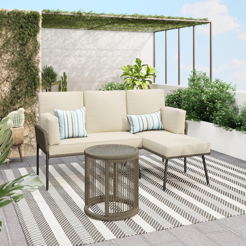 Royalcraft Patio Furniture Set, Outdoor Sectional Furniture Sets with Woven Rope Accents and 4-inch Cushions, L-Shaped Patio Conversation Sets with Detachable Lounger and Side Table