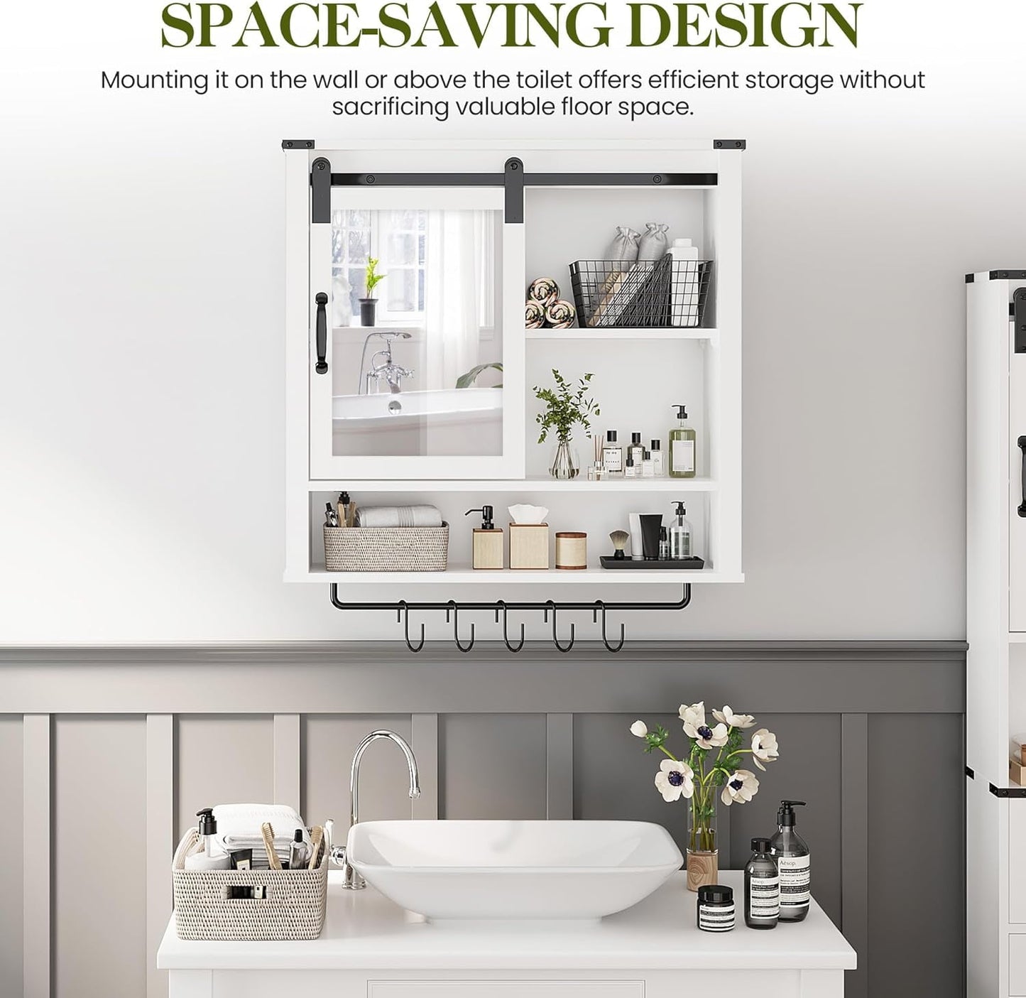 Superjoe 28in Bathroom Cabinet Wall Mount with Sliding Mirror Door, Over The Toilet Storage Cabinet, Farmhouse Medicine Cabinet with Shelves and Towel Bar for Living Room, 28" W x 29" H, White
