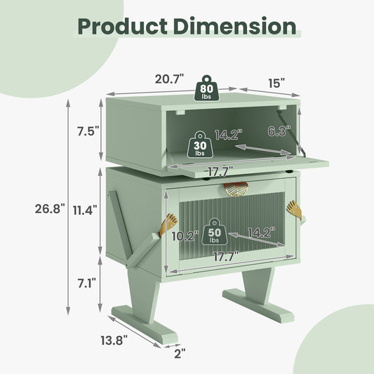 Royalcraft Nightstand with LED Light Strips, Modern Bedside Table with 360¡ã Rotating Drawer, Creative End Table with Storage, Wood Night Stand Cabinet for Living Room, Bedroom, Nursery, Green