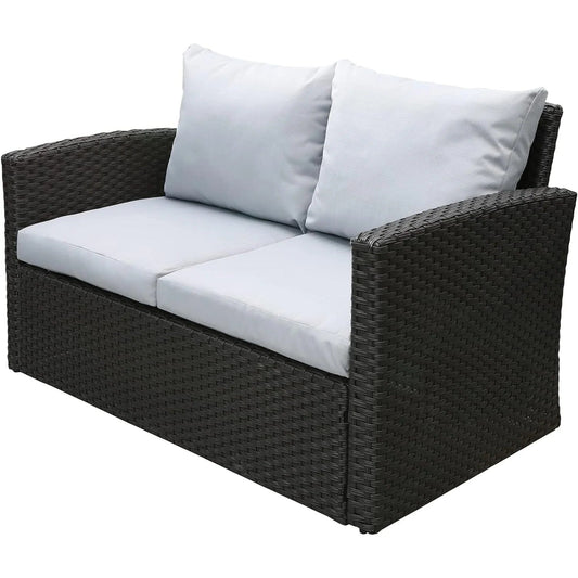 sunvivicollection Outdoor Patio Loveseat, Wicker Rattan Outside Furniture Couch Sofa with Grey Cushions
