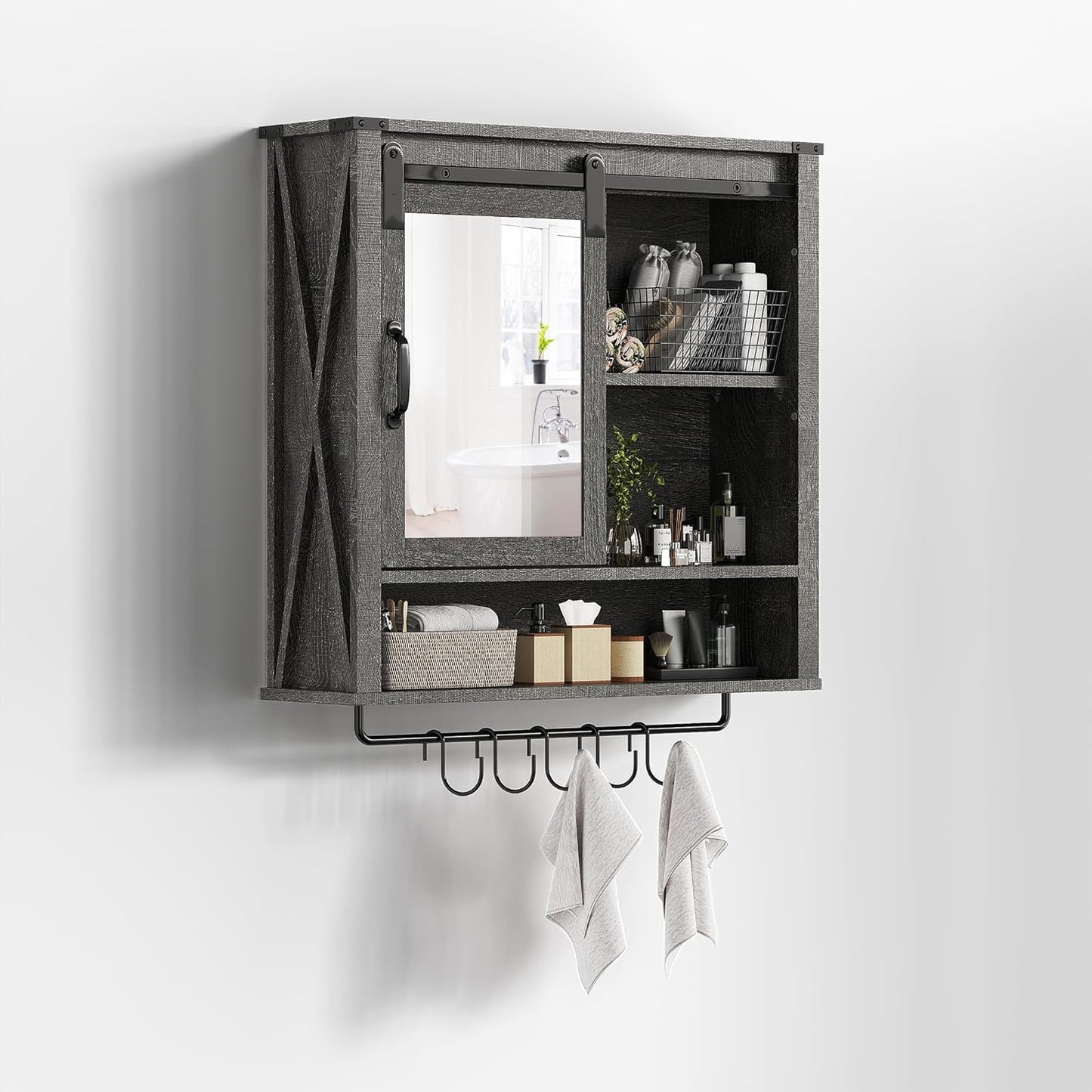 Superjoe 28in Bathroom Cabinet Wall Mount with Sliding Mirror Door, Over The Toilet Storage Cabinet, Farmhouse Medicine Cabinet with Shelves and Towel Bar for Living Room, 28" W x 29" H, Grey