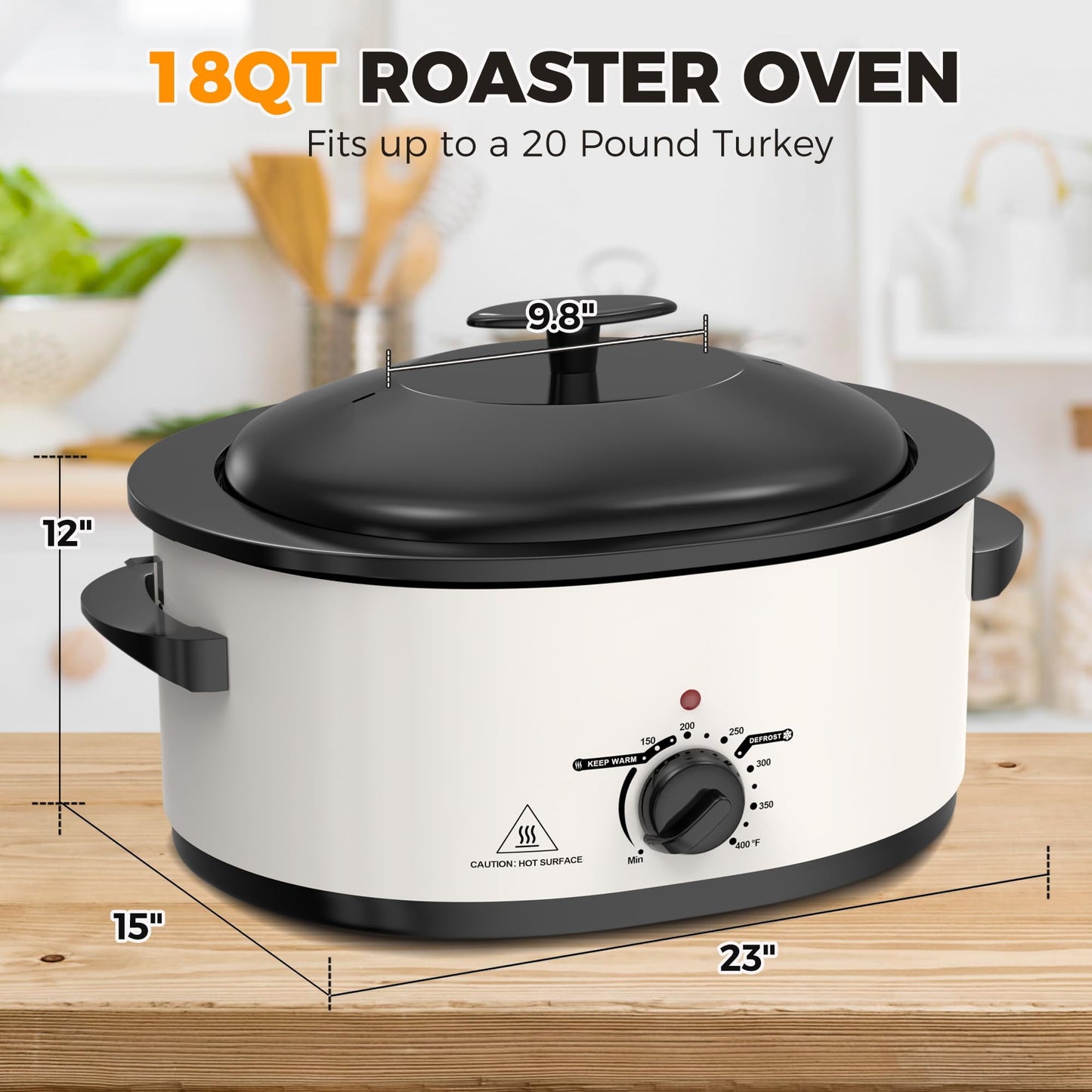Superjoe 8 QT Electric Roaster Oven with Self-Basting Lid, Turkey Roaster Oven with Defrost Warm Function, Removable Pan and Rack, Stainless Steel White