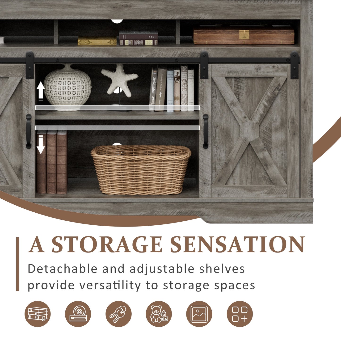 Superjoe Farmhouse TV Stand for TVs up to 70", Modern Entertainment Center w/Sliding Barn Doors, Media Console Storage Cabinet for Living Room Bedroom, Light Grey