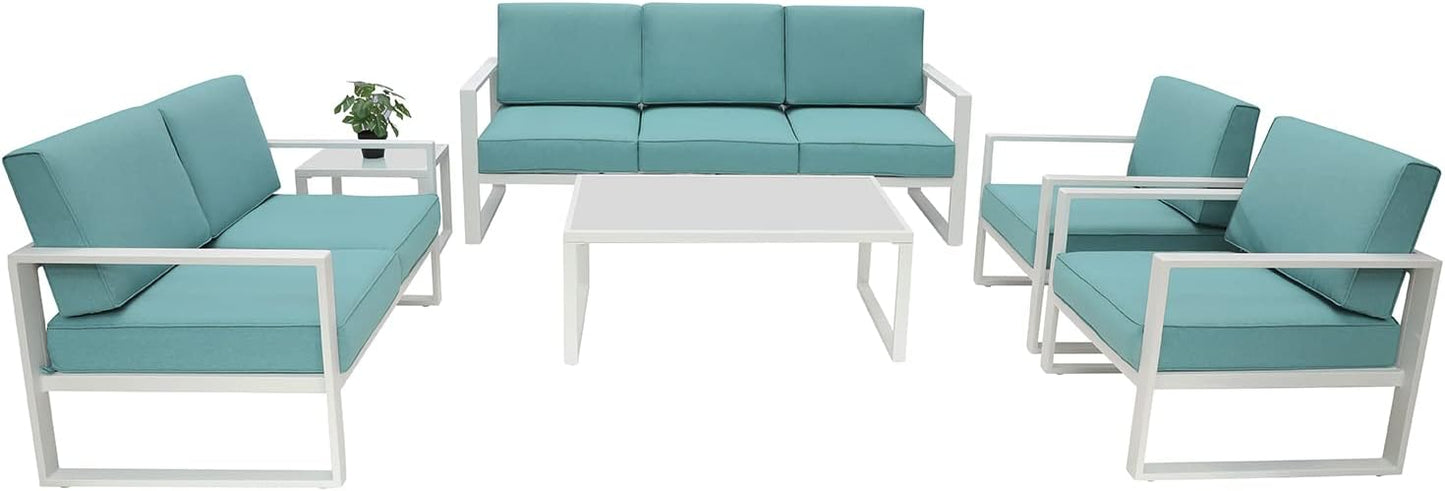 SunviviCollection Aluminum Patio Furniture Set, 7 Pieces Modern Patio Conversation Sets with Coffee Table and Ottomans, Outdoor Sectional Sofa with Cushions for Balcony, Backyard, Porch, Lawn, White