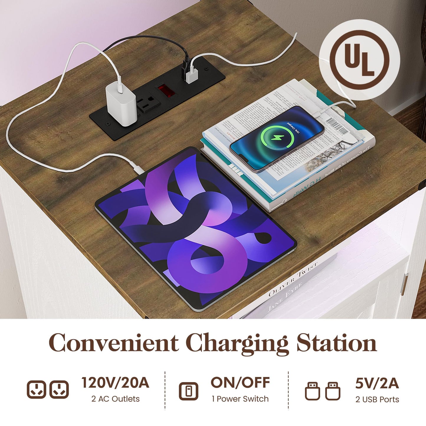 Superjoe LED Nightstand with Charging Station, Bedside Table with Storage Cabinet and Shelf, Rustic End Table, Farmhouse Wooden Side Table, for Bedroom, Living Room, White and Rustic Oak