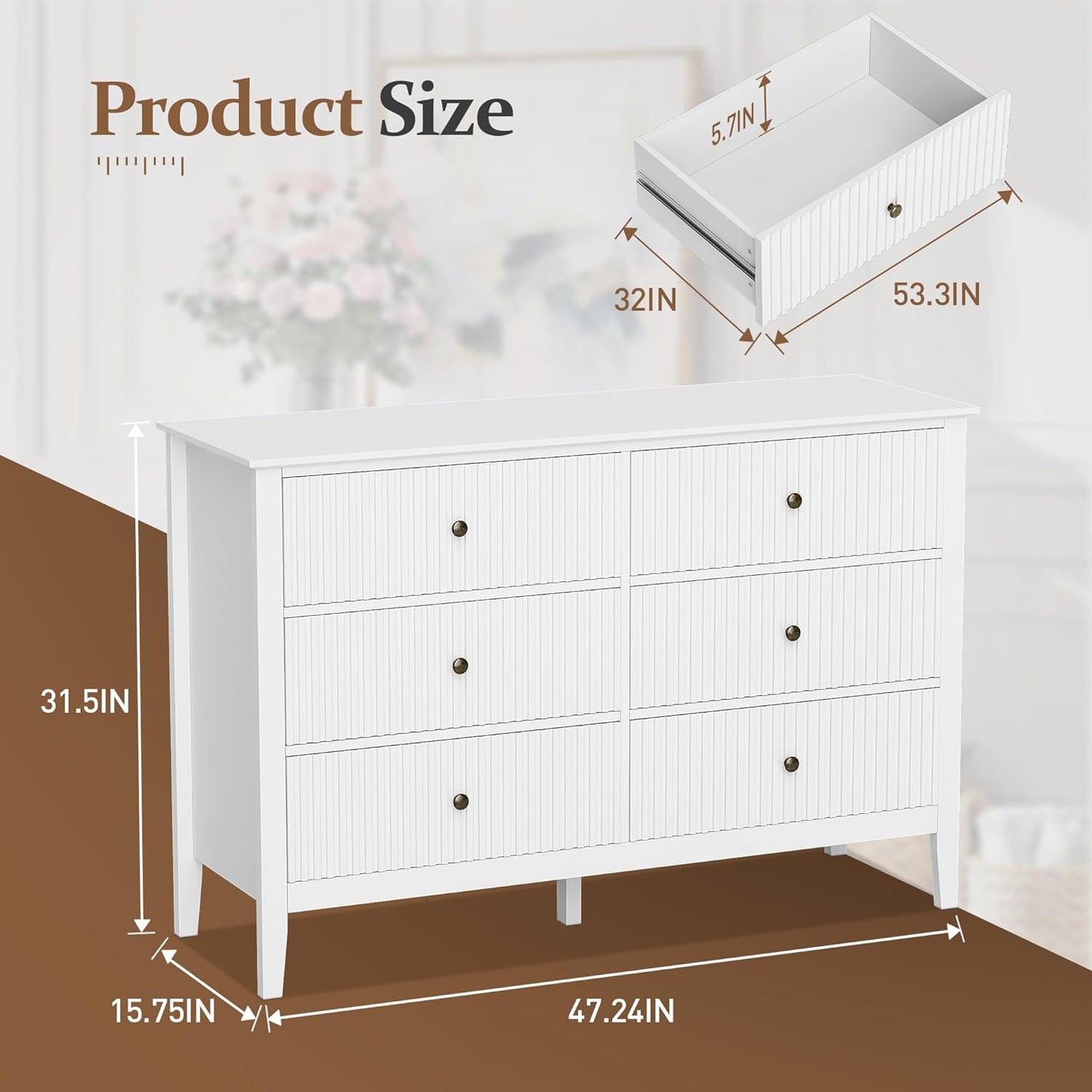 White 6 Drawer Dresser 47" Wide, Modern Wood Chest of Drawers, Double Silent Slide Drawers Storage Organizer Cabinet for Bedroom, Nursery, Living Room, Hallway