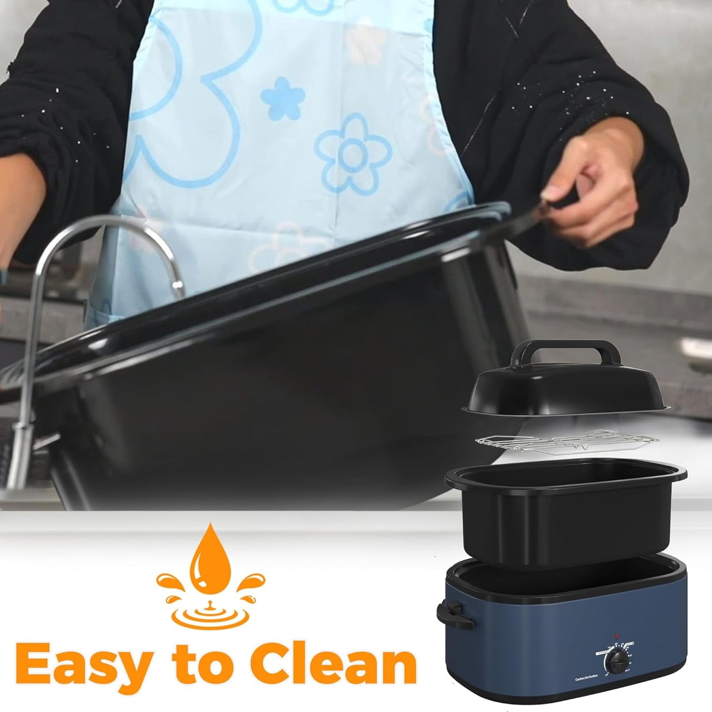 Superjoe 22 Quart Electric Roaster Oven with Visible & Self-Basting Lid, Large Turkey Roaster with Defrost Warm Function, Adjustable Temperature, Removable Pan Rack, Stainless Steel Blue