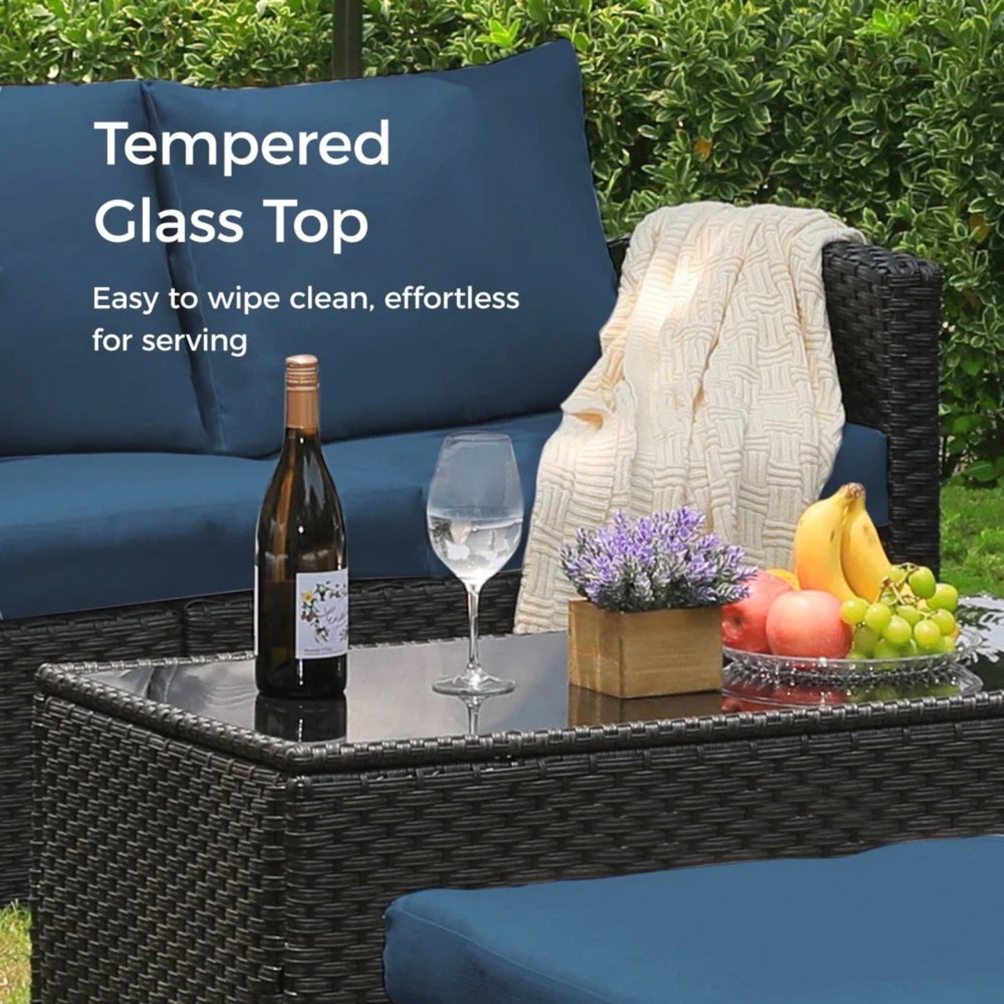 4 Pieces Patio Furniture Set, All Weather PE Wicker Rattan Outdoor Furniture with Coffee Table, Outdoor Sectional Sofa for Lawn Backyard Poolside Porch Garden, Blue