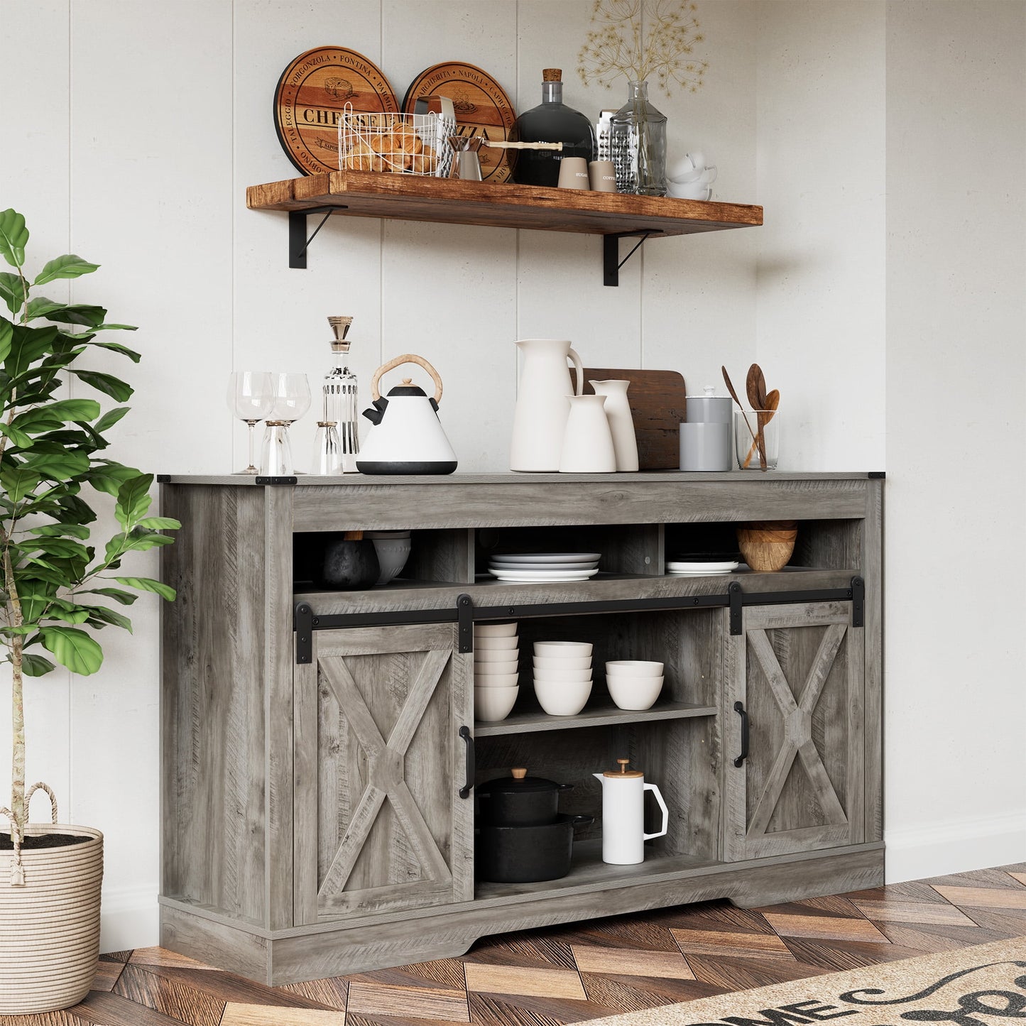 Superjoe Farmhouse TV Stand for TVs up to 70", Modern Entertainment Center w/Sliding Barn Doors, Media Console Storage Cabinet for Living Room Bedroom, Light Grey