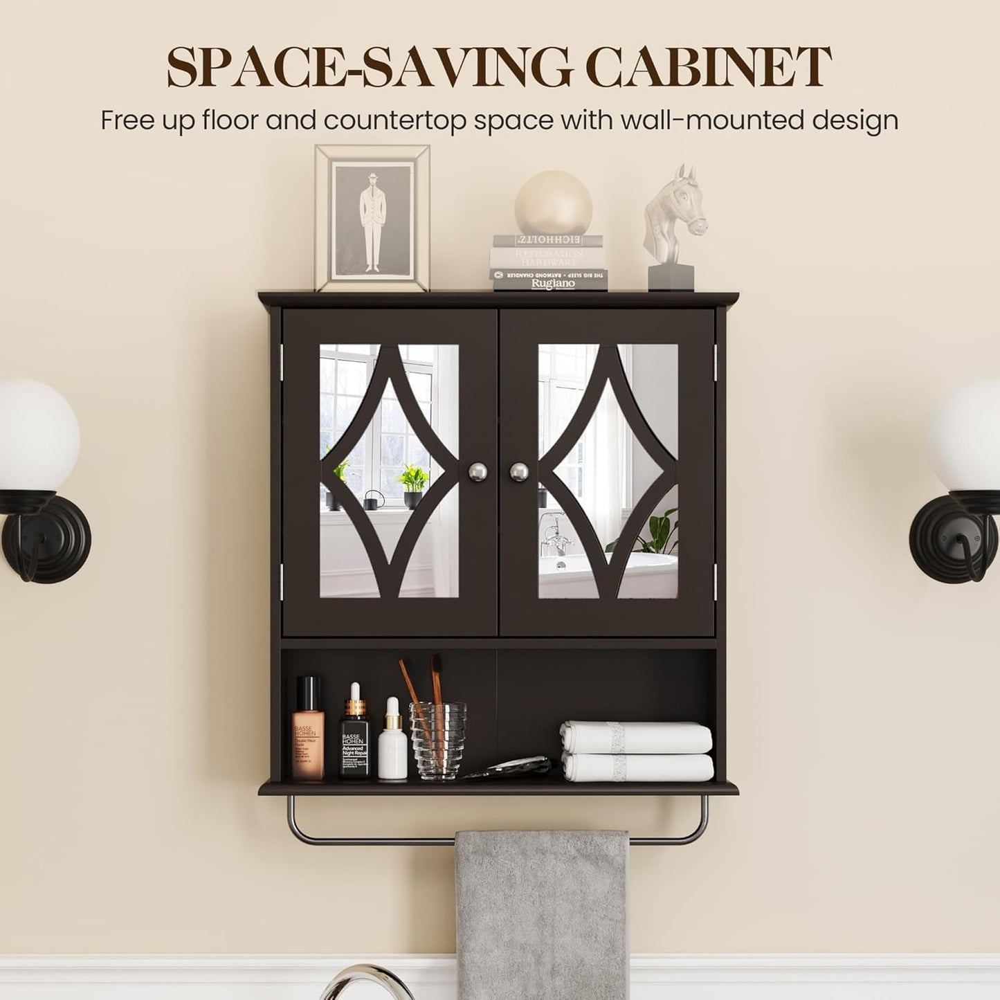 Superjoe Bathroom Medicine Cabinet with Mirror, Vanity Wall Mounted Storage Cabinet with Adjustable Shelves and Towel Bar, Hanging Wall Cabinet for Bathroom, Laundry, Living Room, Brown