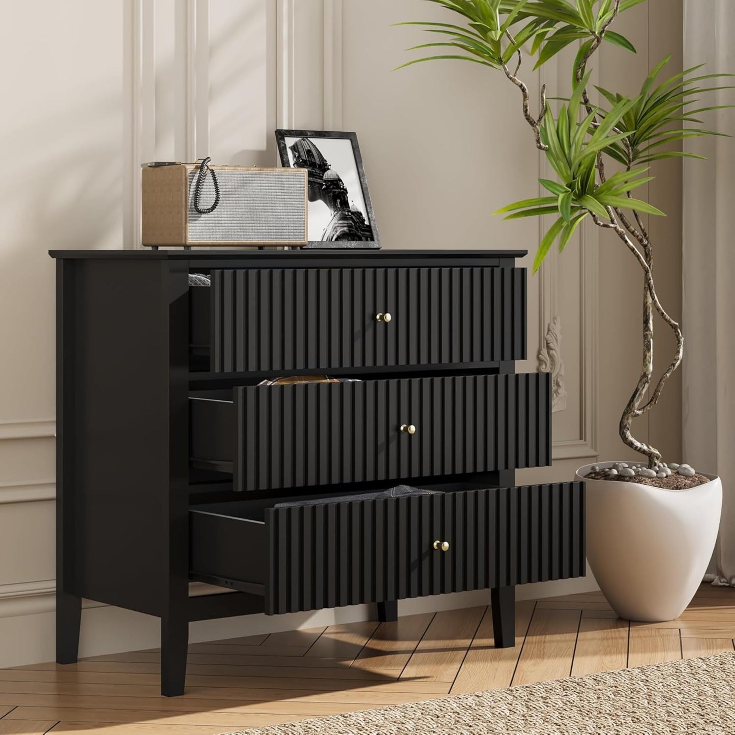 Superjoe Black 3 Drawer Dresser, Painted 30 Inch Tall Wood Nightstand with Storage, Wide Modern Chest of Drawers with Ball Bearing Slide for Bedroom Hallway Living Room Entryway Office