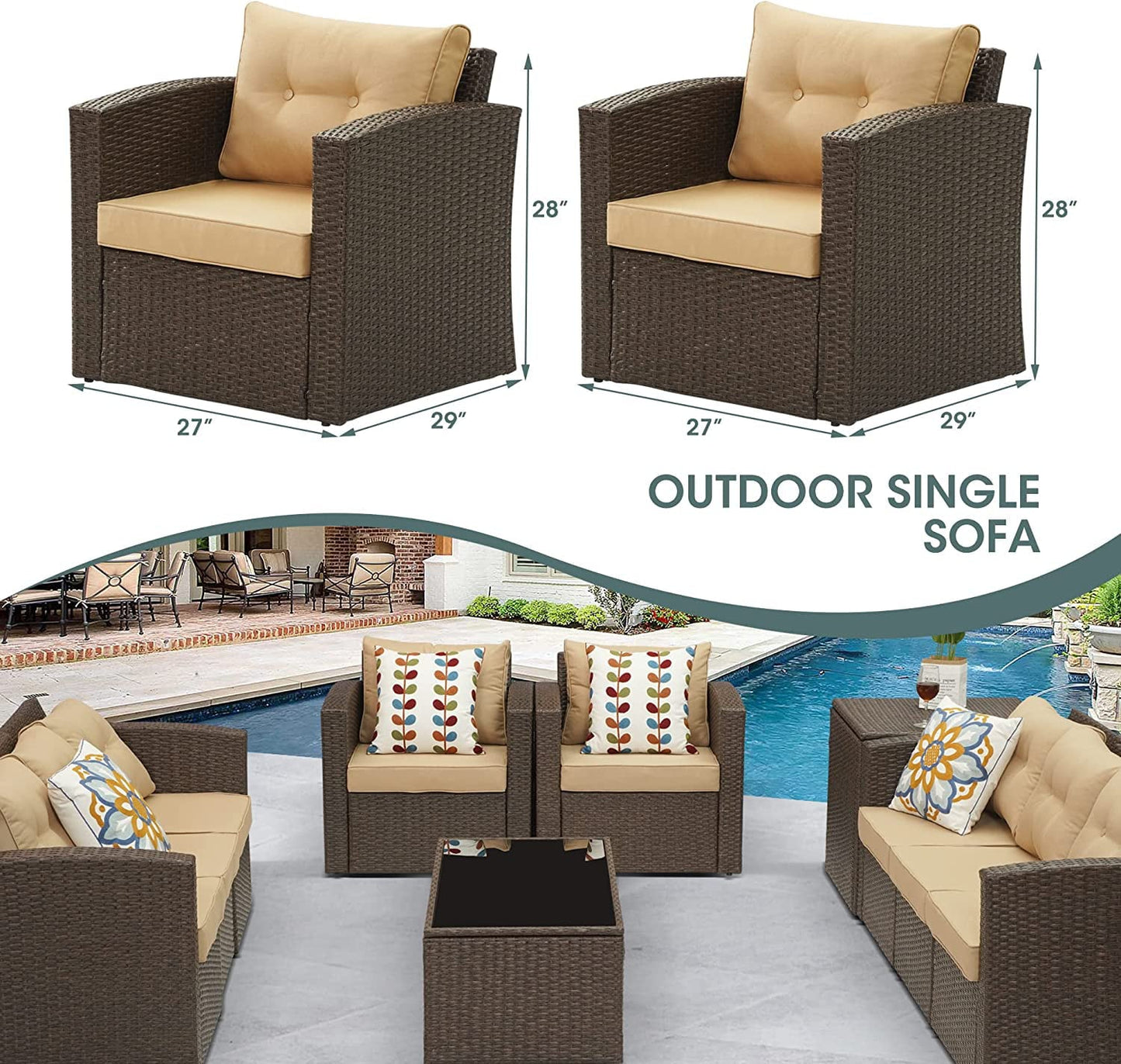 sunvivicollection Patio Furniture Set with Cushions, PE Wicker Outdoor Conversation Set Outdoor Sectional Sofa for Garden, Beach, Balcony and Poolside, Aluminum Frame