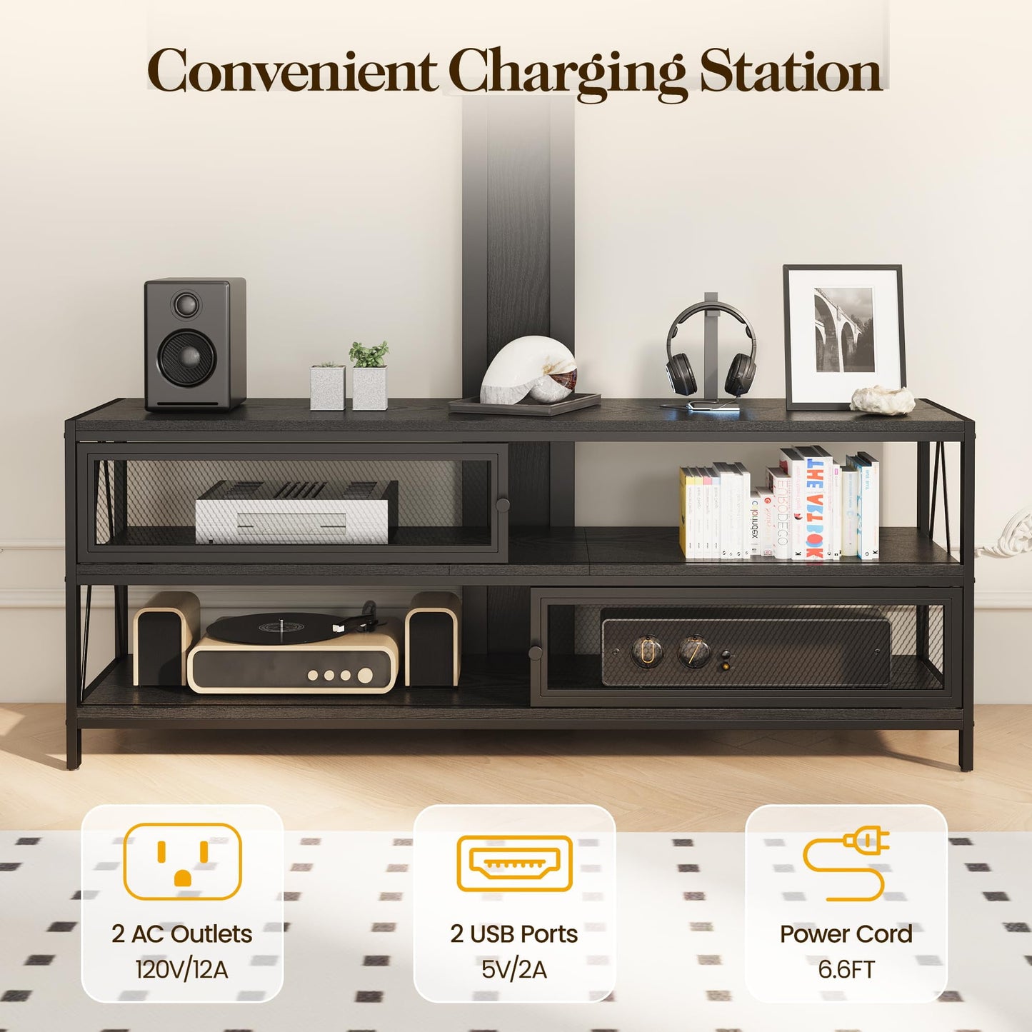 Superjoe TV Stand with Mount and LED Light, Swivel Entertainment Center for TVs 32-65 Inches, 3-Tier Gaming Media Console Tablefor Living Room, Bedroom, Office, Black