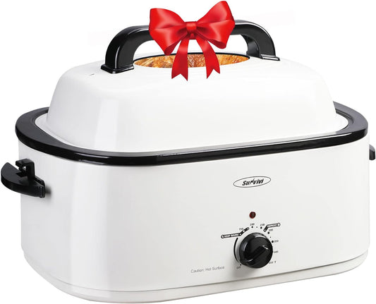 Roaster Oven, Electric Roaster Oven with Viewing Lid, Sunvivi Turkey Roaster with Unique Defrost/Warm Function, Large Roaster with with Removable Pan & Rack, Stainless Steel, White