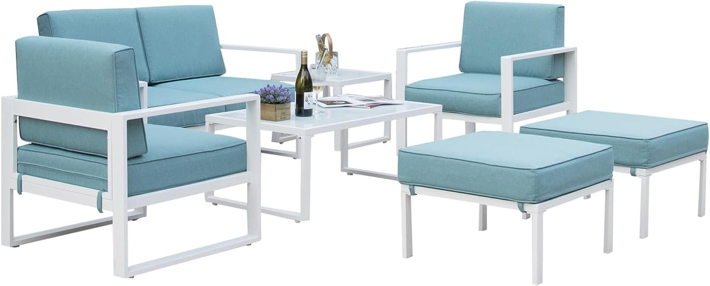 SunviviCollection Aluminum Patio Furniture Set, 7 Pieces Modern Patio Conversation Sets with Coffee Table and Ottomans, Outdoor Sectional Sofa with Cushions for Balcony, Backyard, Porch, Lawn, White