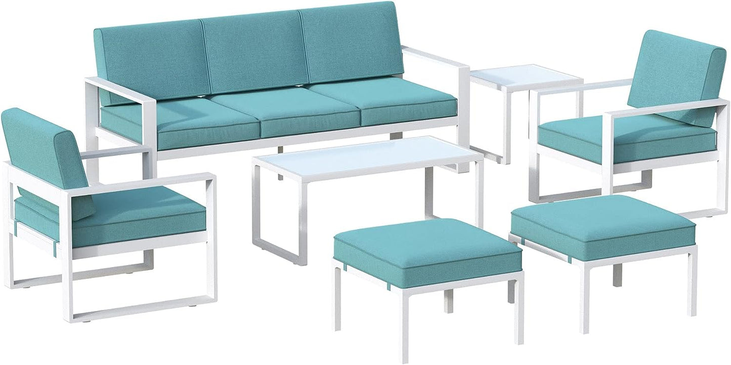 SunviviCollection Aluminum Patio Furniture Set, 7 Pieces Modern Patio Conversation Sets with Coffee Table and Ottomans, Outdoor Sectional Sofa with Cushions for Balcony, Backyard, Porch, Lawn, White