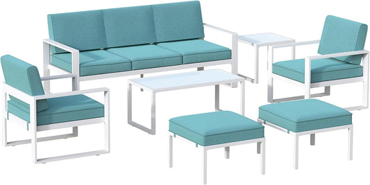 SunviviCollection Aluminum Patio Furniture Set, 7 Pieces Modern Patio Conversation Sets with Coffee Table and Ottomans, Outdoor Sectional Sofa with Cushions for Balcony, Backyard, Porch, Lawn, White
