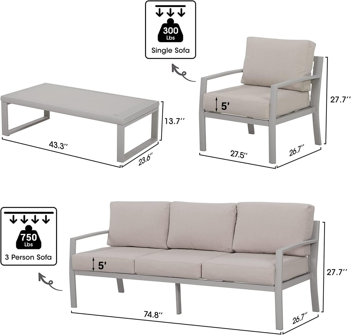 SunviviCollection Aluminum Patio Furniture, Outdoor Metal Patio Furniture Conversation Set with Coffee Table, Outside Patio Sofa Sets with Cushion for Balcony Backyard Garden, Beige