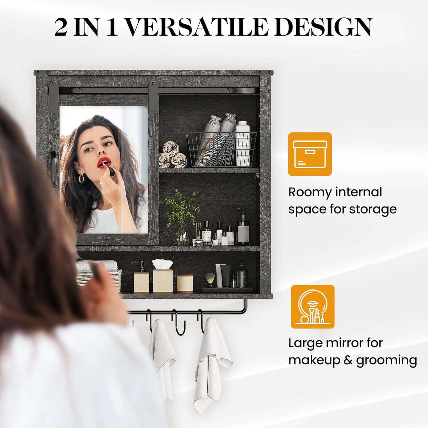 Superjoe 28in Bathroom Cabinet Wall Mount with Sliding Mirror Door, Over The Toilet Storage Cabinet, Farmhouse Medicine Cabinet with Shelves and Towel Bar for Living Room, 28" W x 29" H, Grey