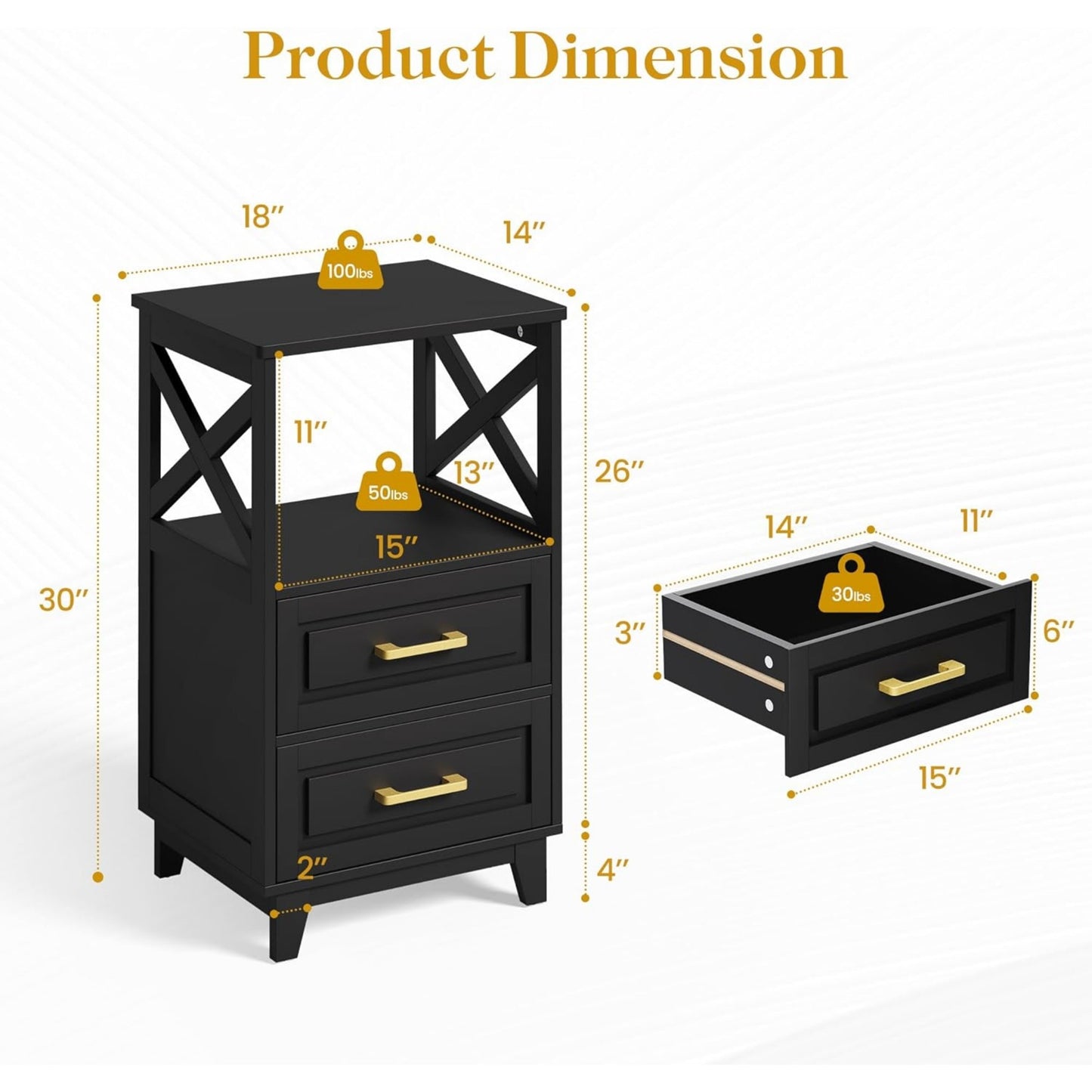 Superjoe Tall Nightstand Set of 1, Side Table with 2 Drawers and Open Shelf Top, Bedside Table with Solid Feet, Modern Night Stand End Table for Bedroom, Living Room, Home Office, Black