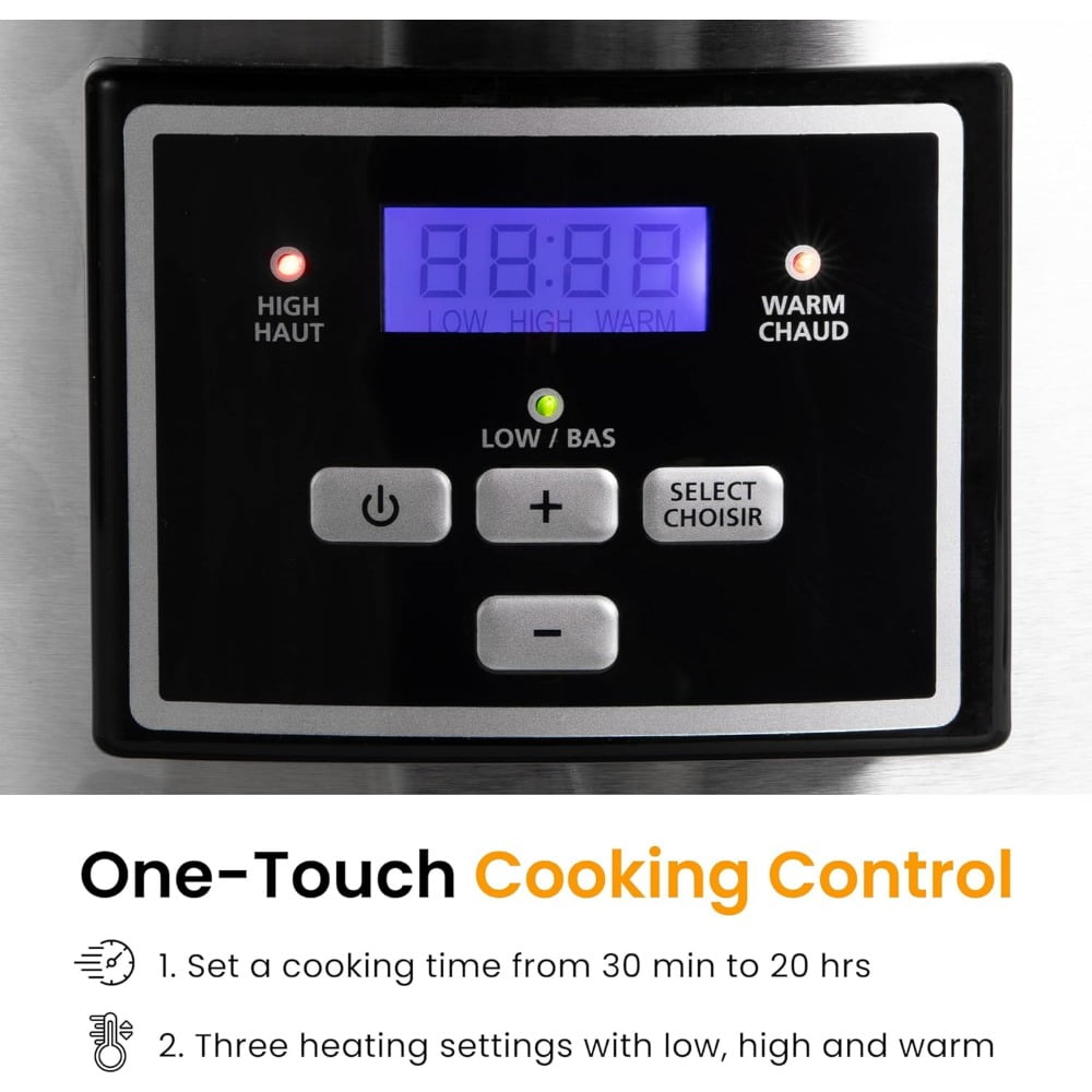 Superjoe Programmable Slow Cooker 6 Quart with 2 in 1 Silicone Liners, Multi-Cooker Food Warmer with Digital Timer, 3 Cooking Settings, Dishwasher-Safe Removable Ceramic Pot & Lid, Silver.