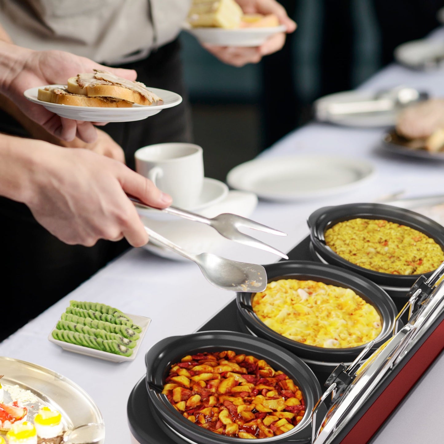 SUNVIVI Dual Pot Slow Cooker, 2 Pot Small Mini Crock Buffet Server and Warmer with Ceramic Pot, Adjustable Temp