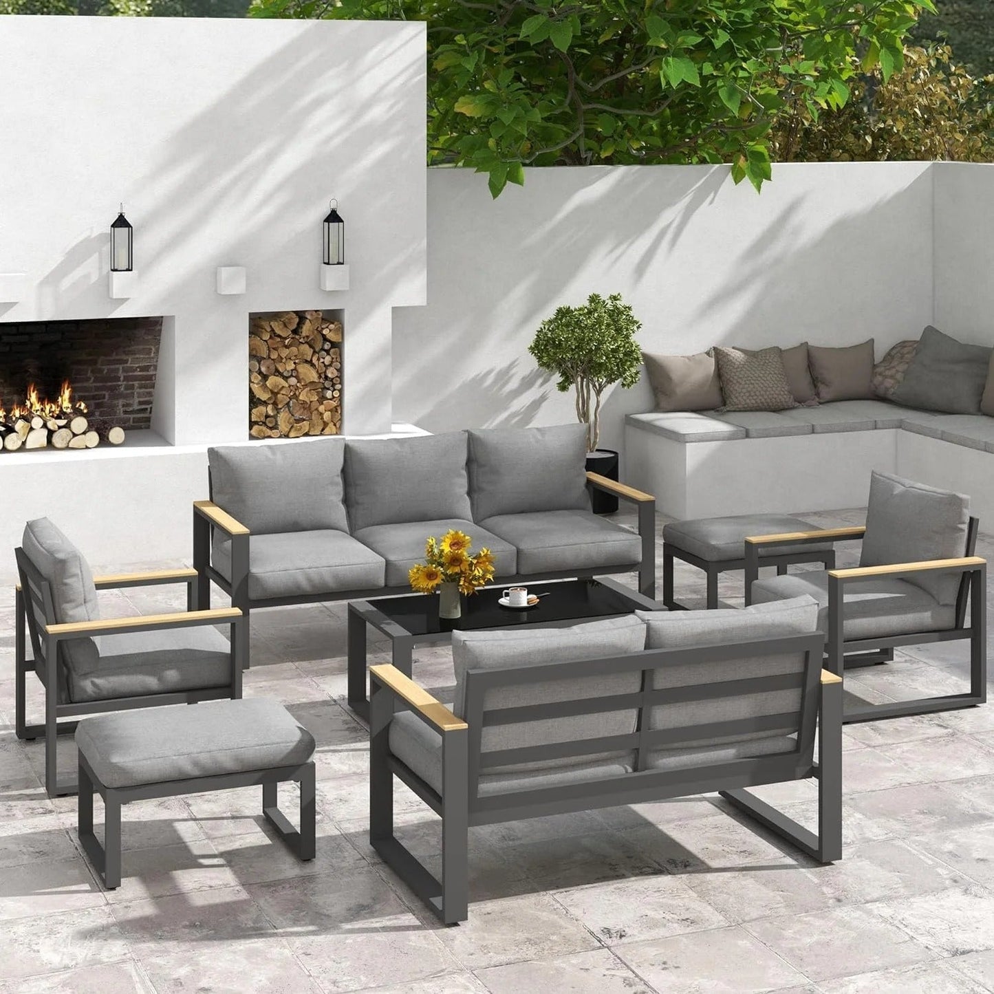 sunvivicollection Aluminum Outdoor Patio Bench, Upholstered Bench with Thick Cushion for Porch Balcony Backyard, Grey