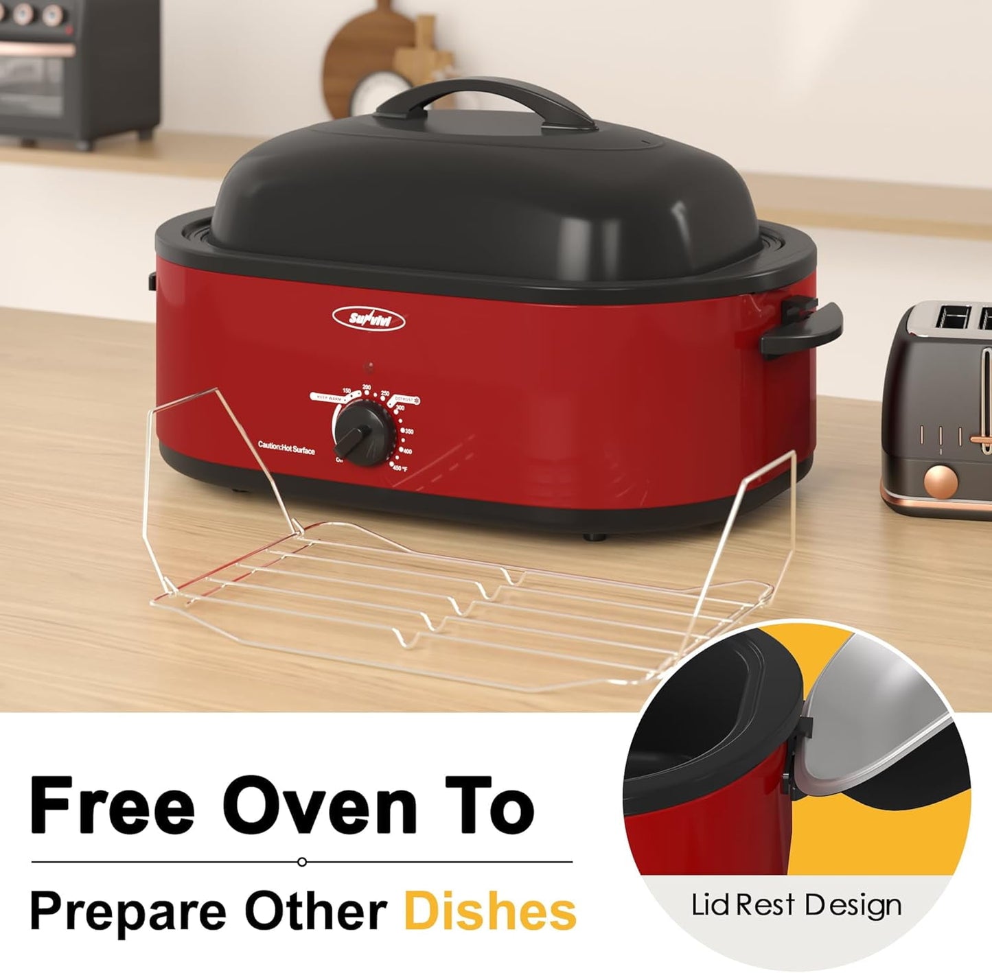 CozyHome 20-Quart Electric Roaster Oven, Turkey Roaster Oven with Removable Pan and Rack, Perfect for Large Meals and Holiday Feasts, Red