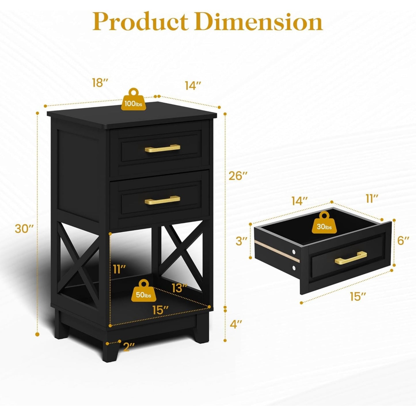 Superjoe Tall Nightstand Set of 2, Side Table with 2 Drawers and Open Shelf Below, Bedside Table with Solid Feet, Modern Night Stand End Table for Bedroom, Living Room, Home Office, Black