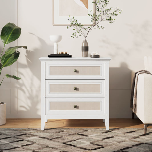 3 Drawer Dresser, Cane Nightstand with Rattan Decorated Drawers, Tall Bedside End Table for Bedroom, Living Room, Entryway
