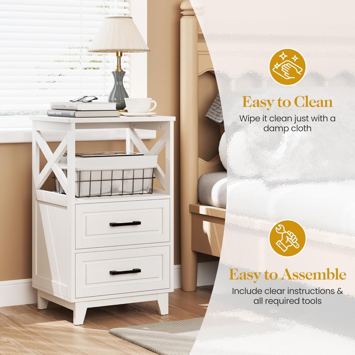 Superjoe Tall Nightstand Set of 2, Side Table with 2 Drawers and Open Shelf Top, Bedside Table with Solid Feet, Modern Night Stand End Table for Bedroom, Living Room, Home Office, White