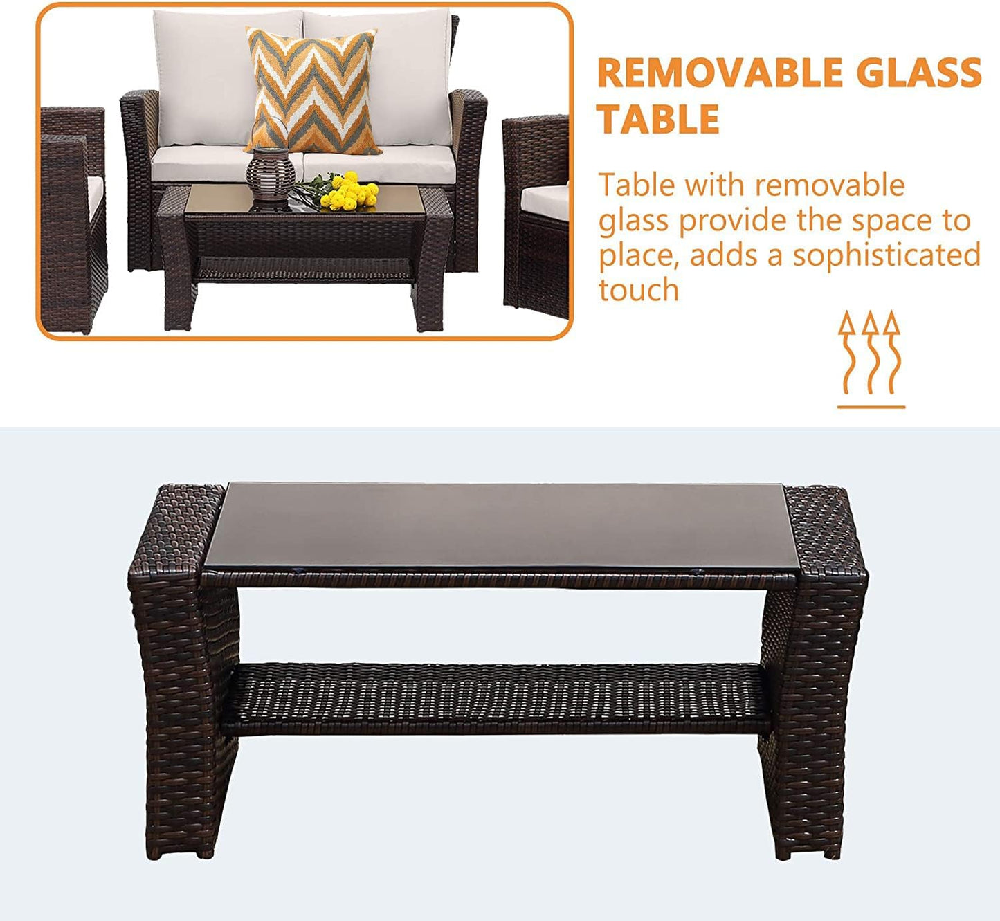 SunviviCollection 4 Piece Patio Furniture Sets, All-Weather Patio Conversation Set Outdoor Wicker Sectional Sofa Chair with Cushion and Coffee Table, Brown