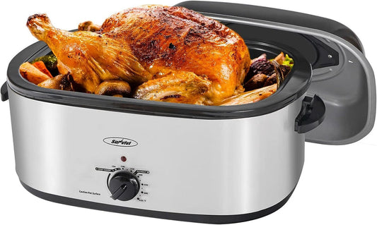 Roaster Oven with Self-Basting Lid, Electric Roaster with Removable Pan & Rack, 150-450°F Full-Range Temperature Control with Defrost/Warm Function, Stainless Steel, Silver