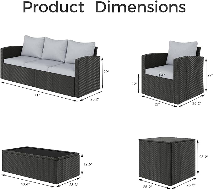 5 Pieces Patio Furniture Set, All Weather PE Wicker Rattan Outdoor Furniture with Coffee Table and Storage Box, Outdoor Sectional Sofa for Lawn Backyard Poolside Porch Garden, Grey