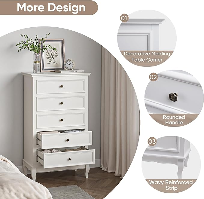 Royalcraft Dresser for Bedroom, Modern 7 Drawer Dresser with Solid Wood Legs and Painted Finish, White Chest of Drawers, Wooden Storage Closet Cabinet Organizer for Nursery, Living Room, Hallway