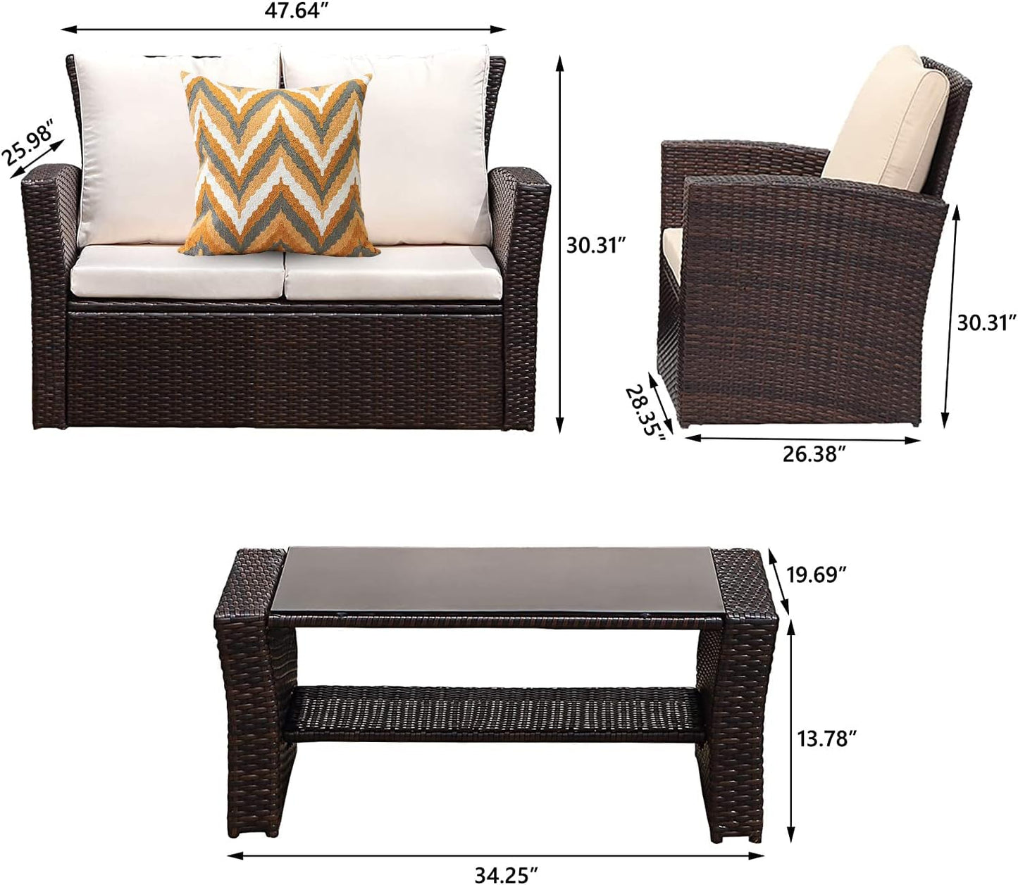 SunviviCollection 4 Piece Patio Furniture Sets, All-Weather Patio Conversation Set Outdoor Wicker Sectional Sofa Chair with Cushion and Coffee Table, Brown