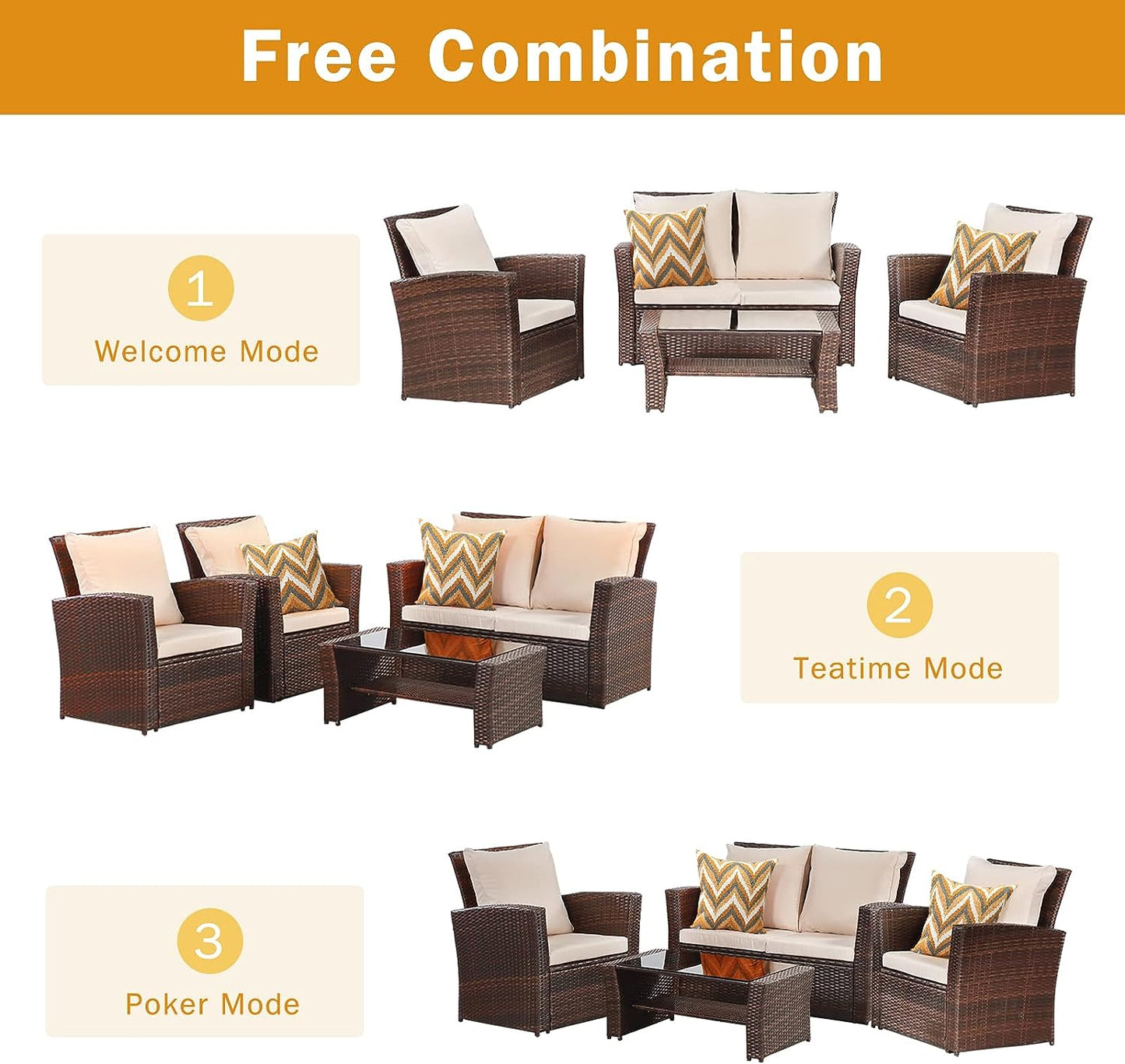 SunviviCollection 4 Piece Patio Furniture Sets, All-Weather Patio Conversation Set Outdoor Wicker Sectional Sofa Chair with Cushion and Coffee Table, Brown
