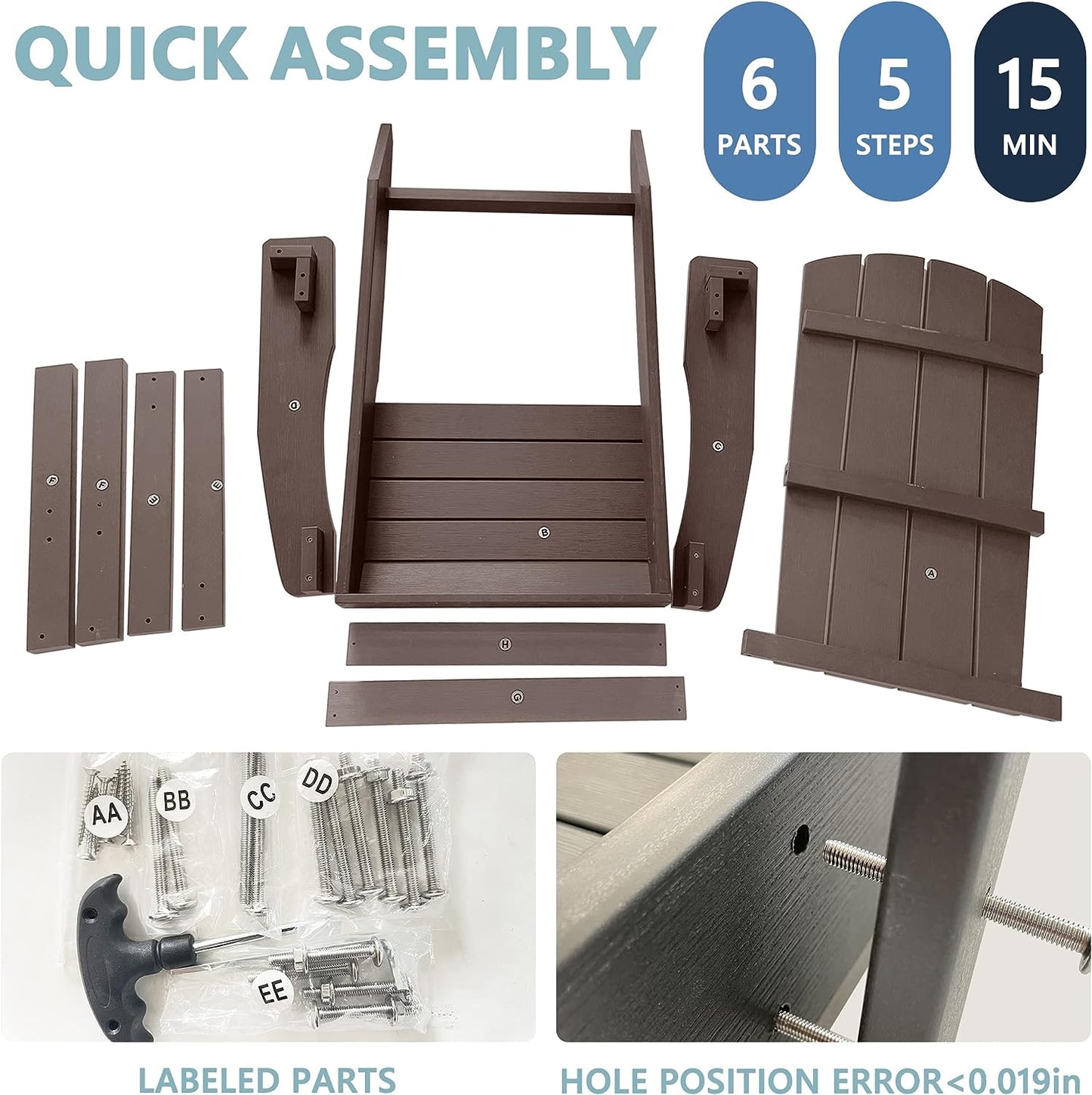 Adirondack Chairs Set of 2, All Weather Modern Fire Pit Chair with Real-like Wood Grain and Wide Armrest, Plastic Adirondack Outdoor Chair with Deep Seating and Reclined High Back, 350 lbs, Brown