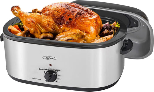 22lb 18-Quart Roaster Oven with Self-Basting Lid, Sunvivi electric roaster with Removable Pan & Rack, 150-450¡ãF Full-Range Temperature Control with Defrost/Warm Function, Stainless Steel, Silver¡­