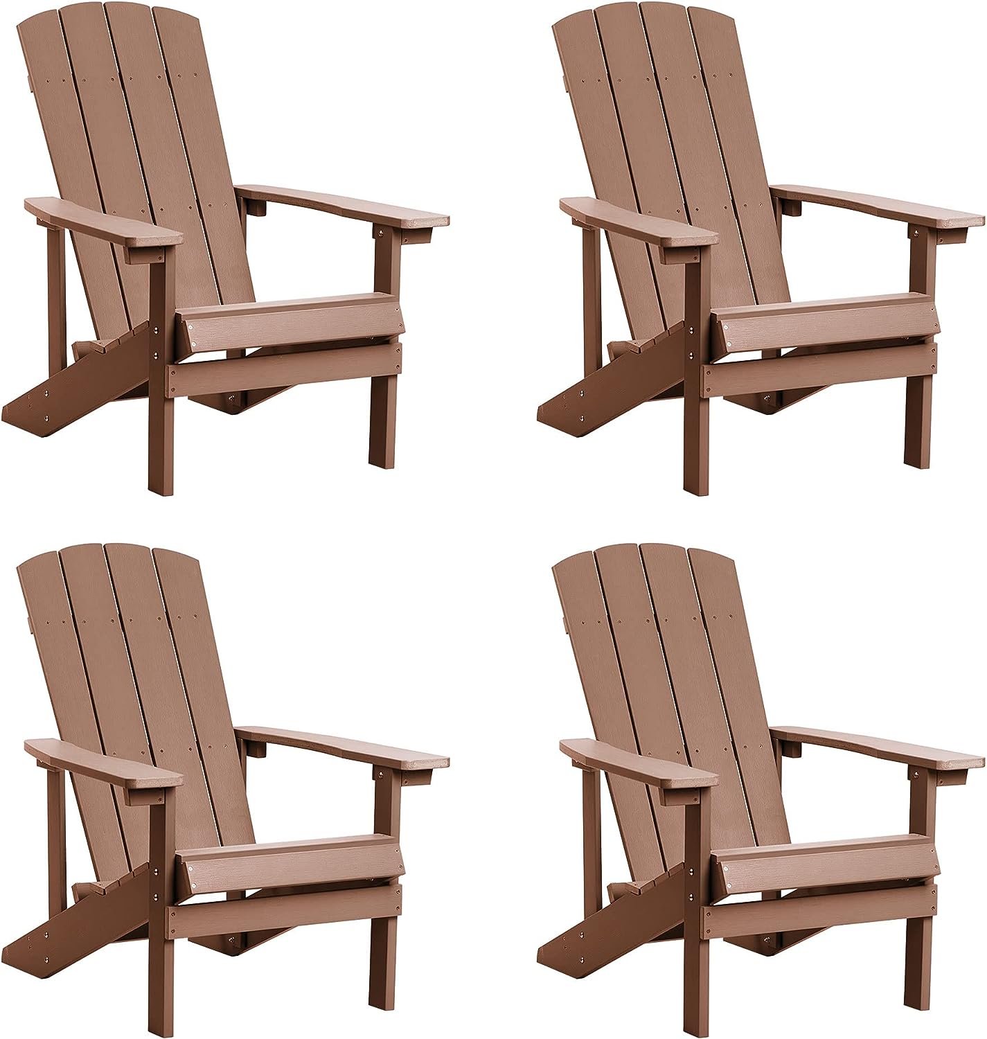 Adirondack Chairs Set of 2, All Weather Modern Fire Pit Chair with Real-like Wood Grain and Wide Armrest, Plastic Adirondack Outdoor Chair with Deep Seating and Reclined High Back, 350 lbs, Brown
