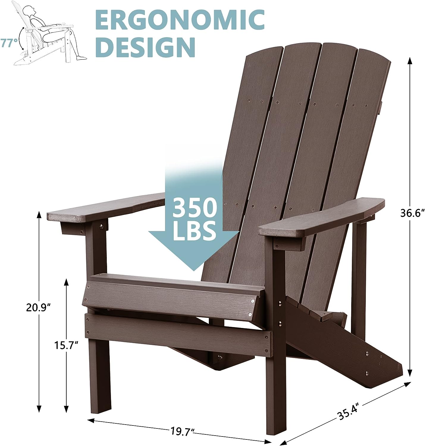 Adirondack Chairs Set of 2, All Weather Modern Fire Pit Chair with Real-like Wood Grain and Wide Armrest, Plastic Adirondack Outdoor Chair with Deep Seating and Reclined High Back, 350 lbs, Brown