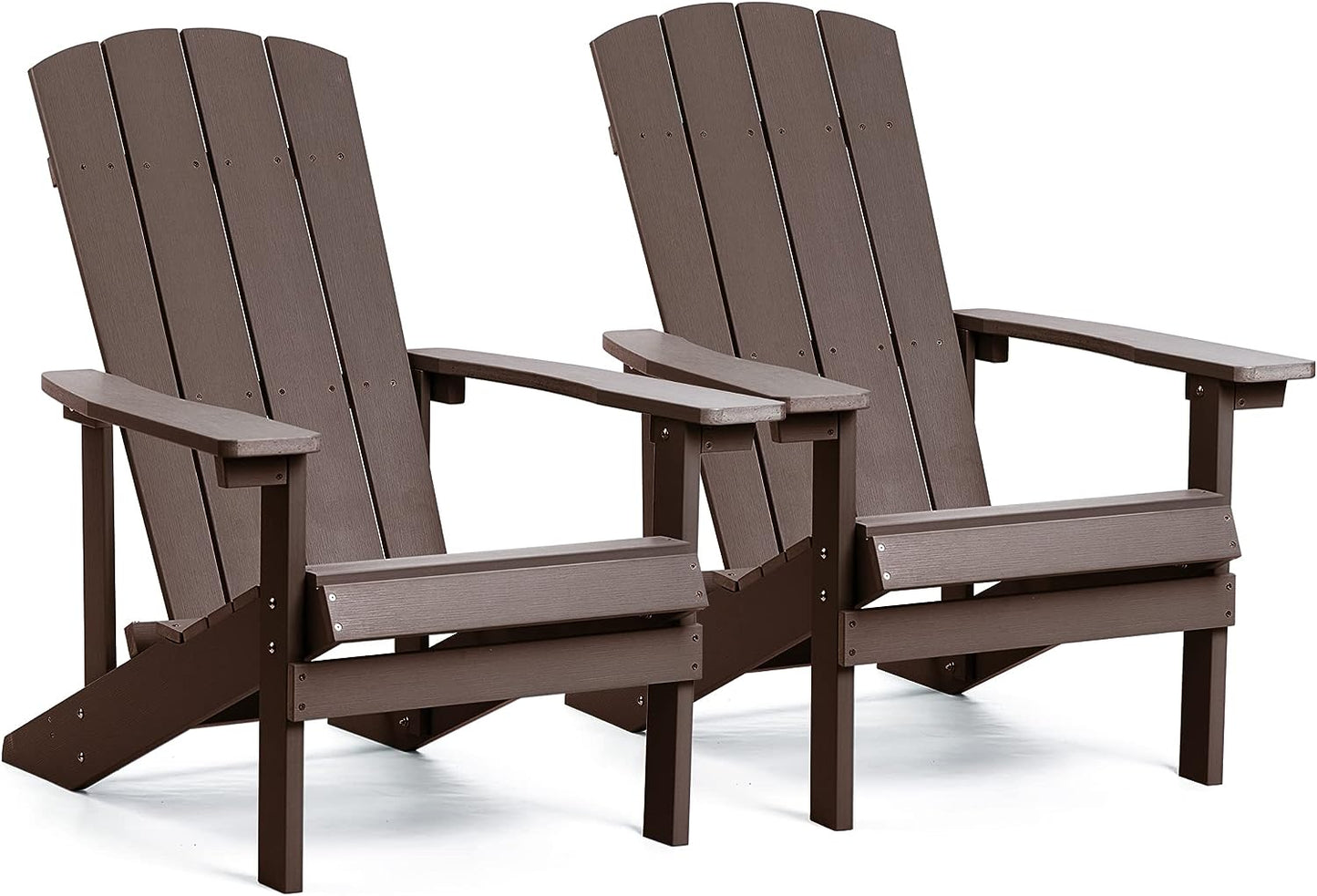Adirondack Chairs Set of 2, All Weather Modern Fire Pit Chair with Real-like Wood Grain and Wide Armrest, Plastic Adirondack Outdoor Chair with Deep Seating and Reclined High Back, 350 lbs, Brown