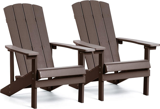 Adirondack Chairs Set of 2, All Weather Modern Fire Pit Chair with Real-like Wood Grain and Wide Armrest, Plastic Adirondack Outdoor Chair with Deep Seating and Reclined High Back, 350 lbs, Brown